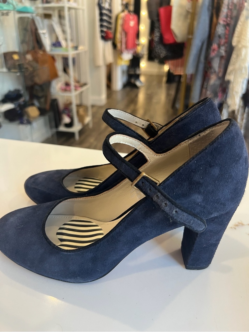 Boden Navy Suede Mary Jane Heels with Ankle Strap